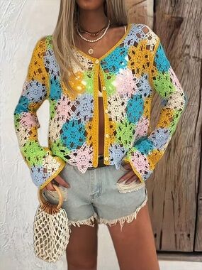Crochet Floral Multi-Color Button Cardigan Sweater  O/S (fits most)